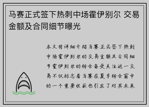 马赛正式签下热刺中场霍伊别尔 交易金额及合同细节曝光 马赛正式签下热刺中场霍伊别尔 交易金额及合同细节曝光